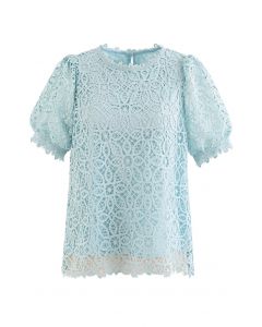 Hollow Out Floral Crochet Top in Teal