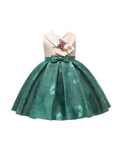 Bowknot Floral Jacquard Princess Dress in Emerald For Kids