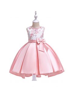 Embroidered Branch Bowknot Hi-Lo Princess Dress in Pink For Kids