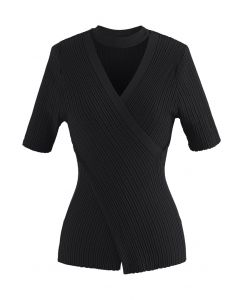 Choker Neck Faux-Wrap Short-Sleeve Knit Top in Black