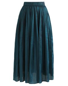 Glimmer Pleated Elastic Waist Midi Skirt in Emerald