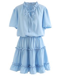 V-Neck Flare Sleeve Ruffle Trim Dress in Sky Blue