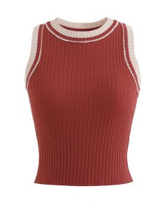 Two-Tone Ribbed Knit Tank Top in Rust Red