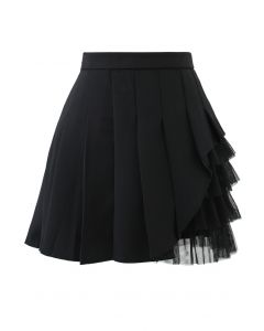 Mesh Inserted Pleated Mini Skirt in Black