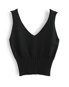 V-Neck Crop Knit Cami Top in Black