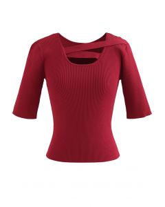 Strap Neck Elbow Sleeve Fitted Knit Top in Red
