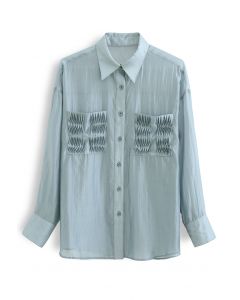 Pintuck Pocket Semi-Sheer Shirt in Dusty Blue