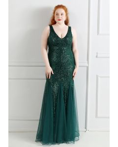 Mesh Panelled Sequined Mermaid Gown in Emerald