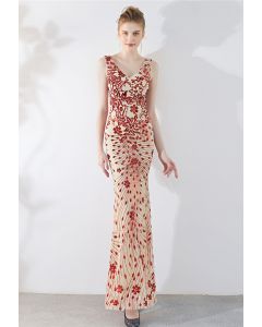 Floral Vine Sequined Mesh Mermaid Gown in Red