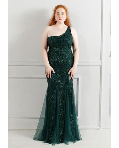 One-Shoulder Floral Lattice Sequined Mesh Gown in Emerald