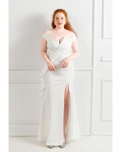 Off-Shoulder Cascade Ruffle Split Satin Gown in White