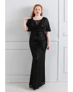 Cape Sleeve Mesh Inserted Sequined Gown in Black
