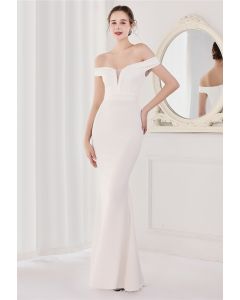 Off-Shoulder Mesh Inserted Satin Gown in White