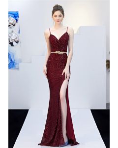 Split Side Sequined Wrap Cami Gown in Burgundy