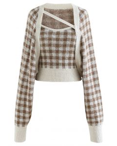 Gingham Cami Knit Top and Cardigan Set in Camel