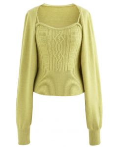 Cable Knit Cami Top and Crop Cardigan Set in Moss Green