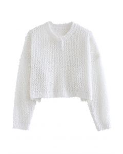 Buttoned Hollow Out Knit Crop Top in White