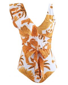 Egyptian Pattern Ruffle Trim Golden Swimsuit