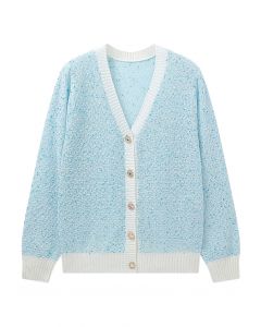 Mixed Knit V-Neck Buttoned Cardigan in Baby Blue