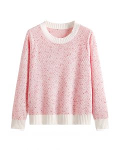 Mixed Knit Round Neck Sweater in Pink