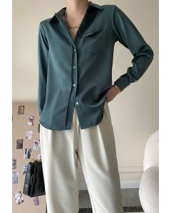 Front Pocket Satin Button Down Shirt in Emerald