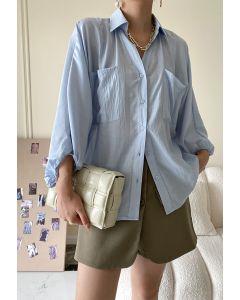 Button Down Bubble Sleeve Shirt in Blue