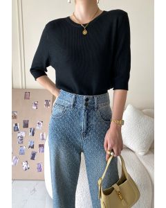 Round Neck Elbow Sleeve Knit Top in Black