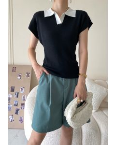 Contrast Collar Short Sleeve Knit Top in Black