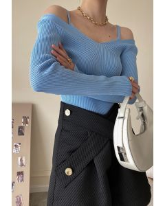 Cold-Shoulder Long Sleeve Knit Top in Blue