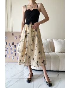 Floral Ink Painting Embossed Midi Skirt in Light Yellow