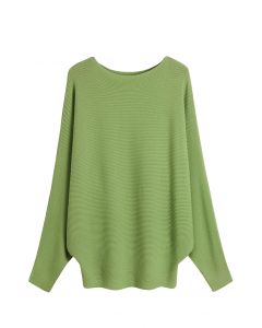 Boat Neck Batwing Sleeves Knit Top in Green
