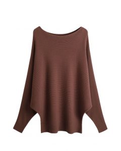 Boat Neck Batwing Sleeves Knit Top in Brown