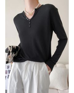 Buttoned V-Neck Long Sleeve Knit Top in Black