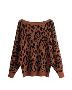 Leopard Jacquard Batwing Sleeve Sweater in Caramel