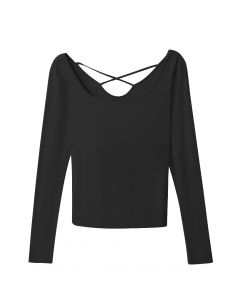 Square Neck Crisscross Back Fitted Top in Black