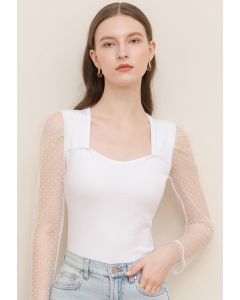 Dotted Mesh Long Sleeves Fitted Top in White