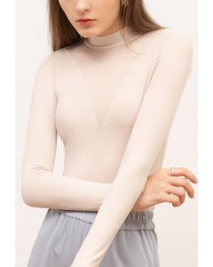 V-Shadow Mock Neck Fitted Top in Cream