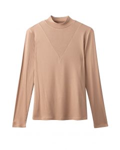 V-Shadow Mock Neck Fitted Top in Camel