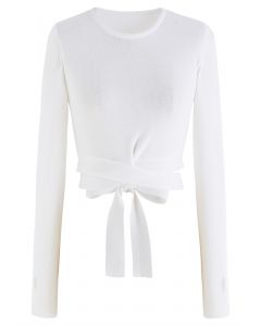 Self-Tie Bowknot Knit Crop Top in White