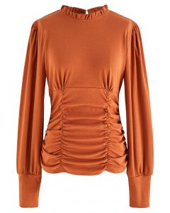 Ruched Front Ruffle Neck Fitted Top in Pumpkin