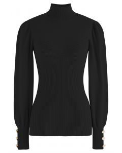 Rib Splicing Fitted Soft Knit Sweater in Black