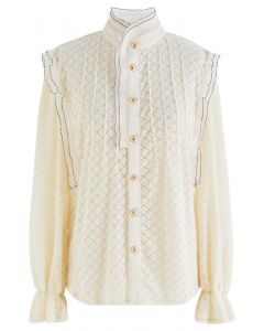 Tiered Mock Neck Buttoned Lace Top