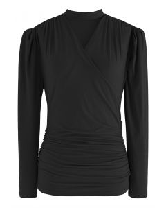 Choker Neck Ruched Front Long Sleeve Top in Black