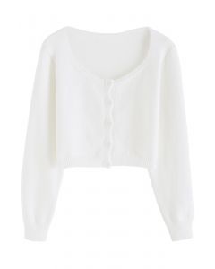 Buttoned Front Rib Crop Cardigan in White