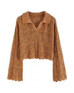 Hollow Out Flare Sleeve Crop Knit Top in Caramel