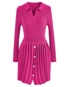 Collared V-Neck Knit Top and Pleated Skirt Set in Hot Pink