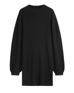 Lantern Sleeve Round Neck Ribbed Sweater Dress in Black