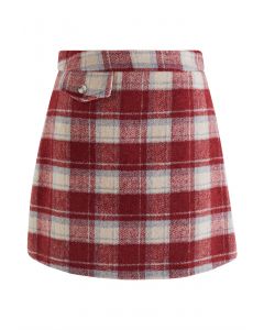 Plaid Fake Flap Pocket Mini Bud Skirt in Red