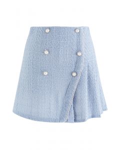 Double-Breasted Pleated Tweed Mini Skirt in Blue