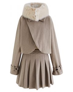 Faux Fur Collar Crop Jacket and Pleated Skirt Set
